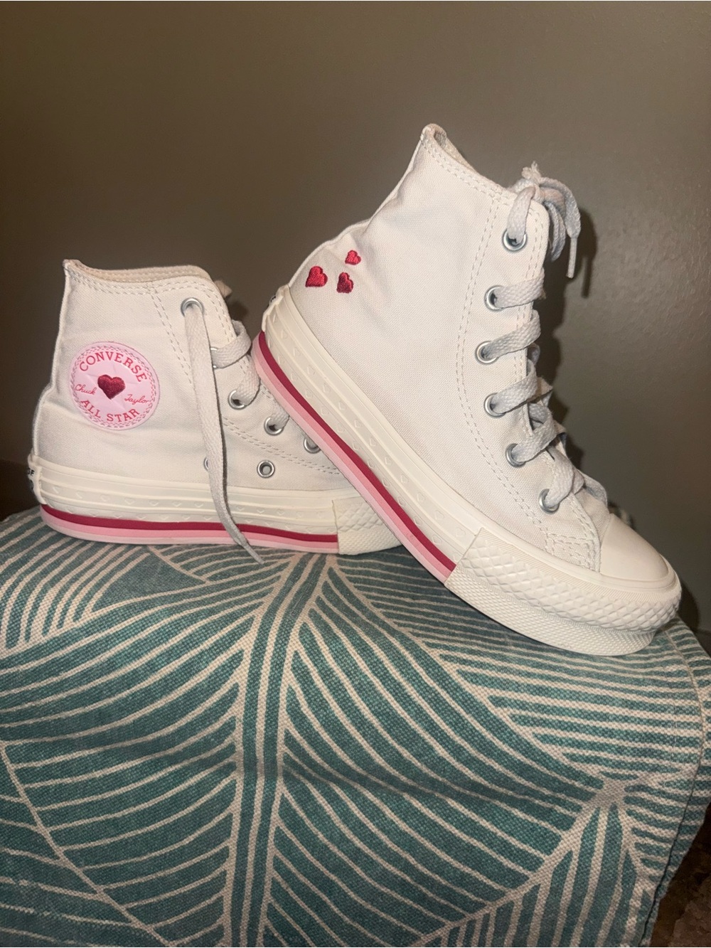Converse Kids White High Top Sneakers with Red Heart and Pink & Red Stripes